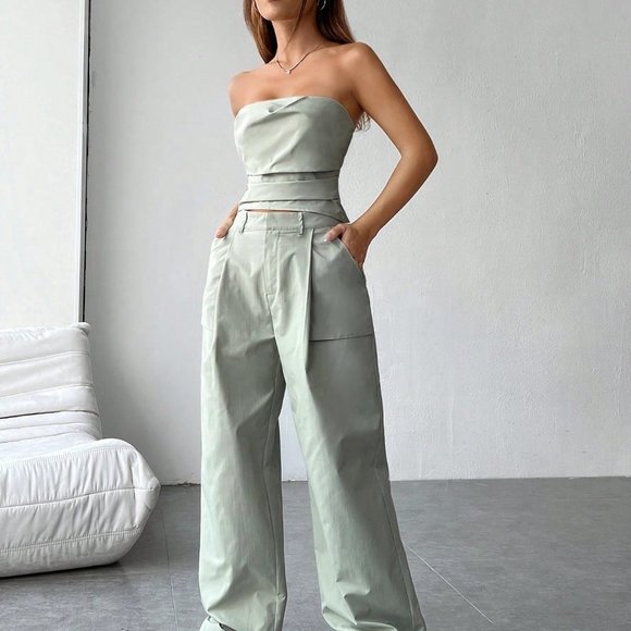 Grey Casual womens Solid Tube Top & Pants - Picture 3 of 5